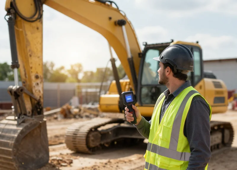 A construction worker using a handheld scanner to check high-value equipment.