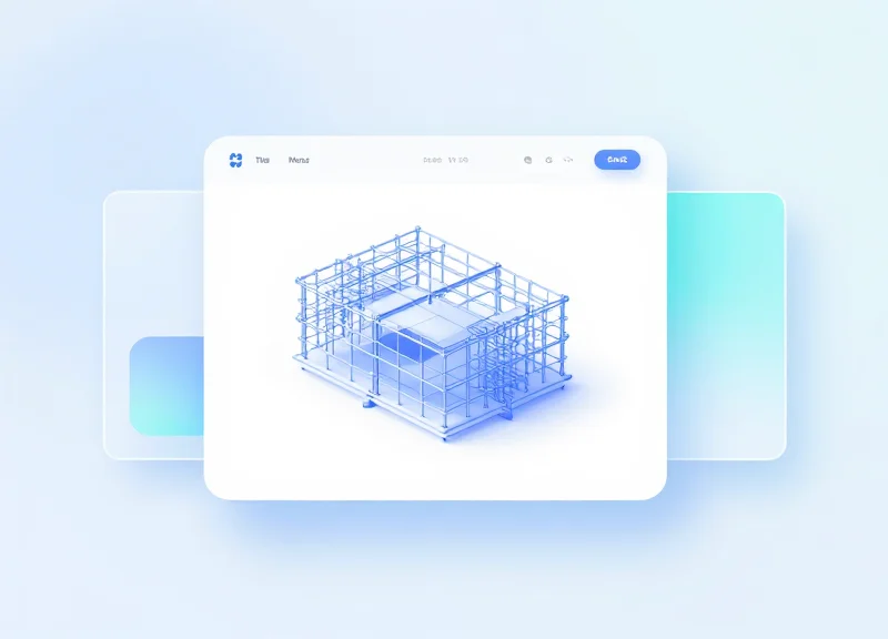 Abstract BIM software interface with a 3D structural building model and glassmorphism elements