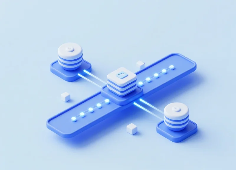 Isometric 3D model of a digital system connecting an RFID reader to a central database server