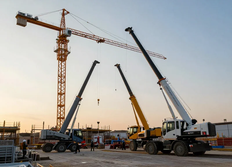 Wide shot of a modern construction site in 2026 with advanced machinery and smart technology under a golden hour sky.