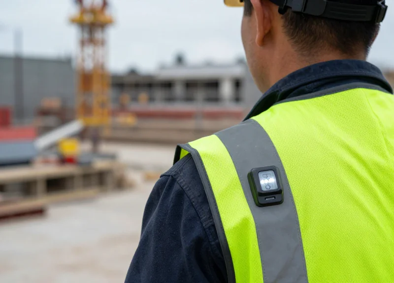 A construction worker wearing a safety vest integrated with a glowing smart location sensor.