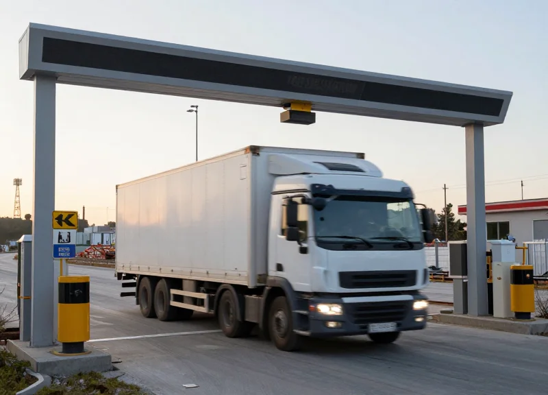 A delivery truck arriving at a construction site being scanned by an automated RFID gate.