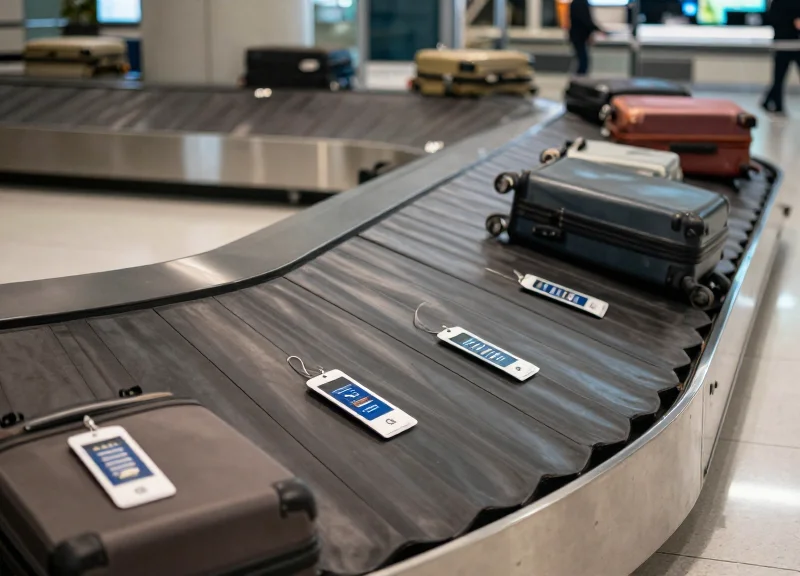 A modern airport baggage handling system with suitcases moving on a conveyor belt under cinematic lighting.