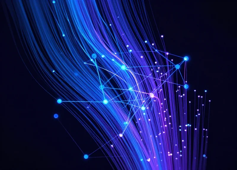 Abstract data visualization of flowing blue data streams representing real-time baggage tracking.
