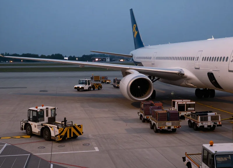 A wide shot of a busy airport apron with ground support vehicles and equipment cluttered near a large aircraft, documentary style.