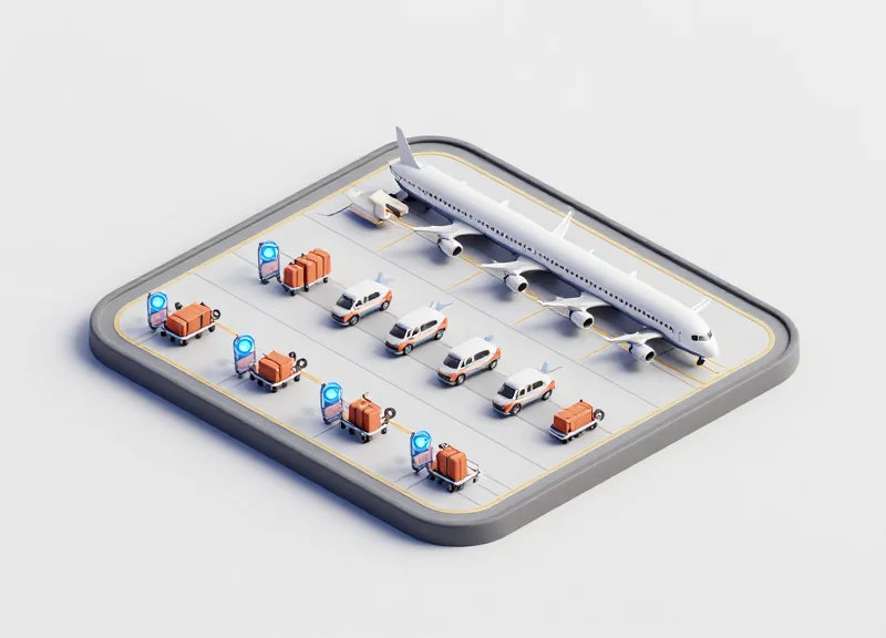 Isometric 3D model of an airport terminal with glowing nodes representing RFID tracked assets.