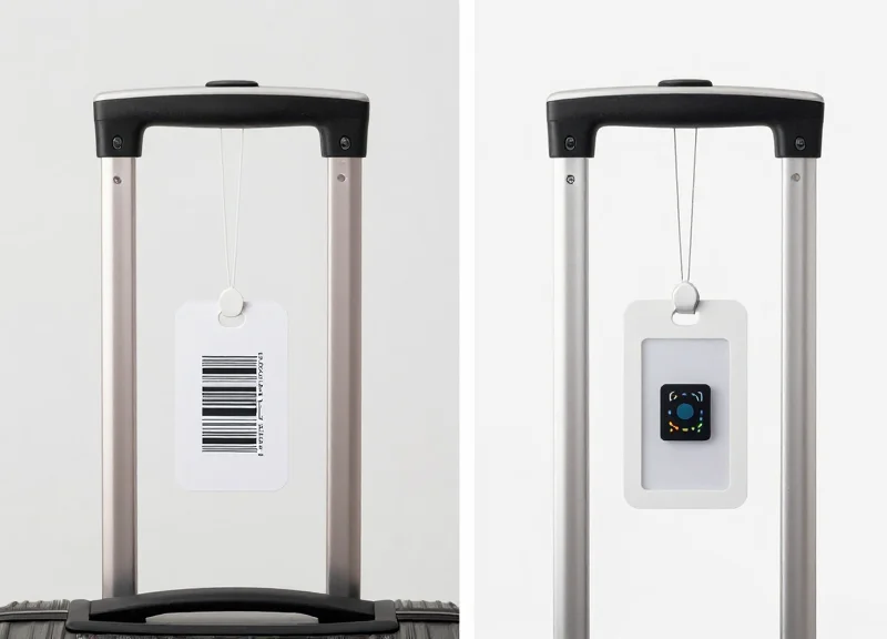 Side-by-side comparison of a traditional barcode luggage tag and a modern RFID-enabled luggage tag.