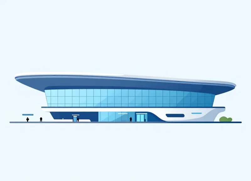 Minimalist vector illustration of a futuristic, fully automated airport terminal.