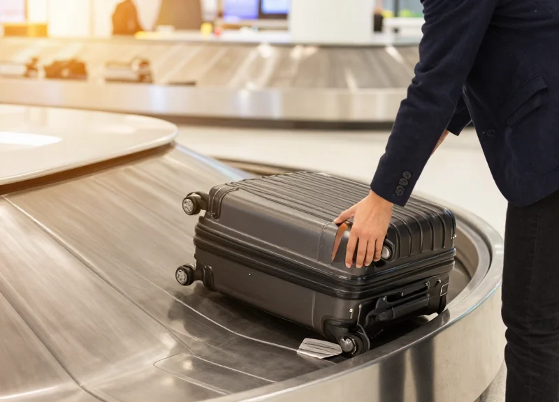 A happy traveler retrieving their tracked suitcase from a modern airport baggage carousel.