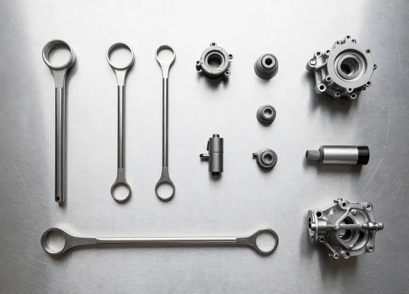 High-precision aviation maintenance tools and mechanical parts neatly arranged on a metallic workbench.