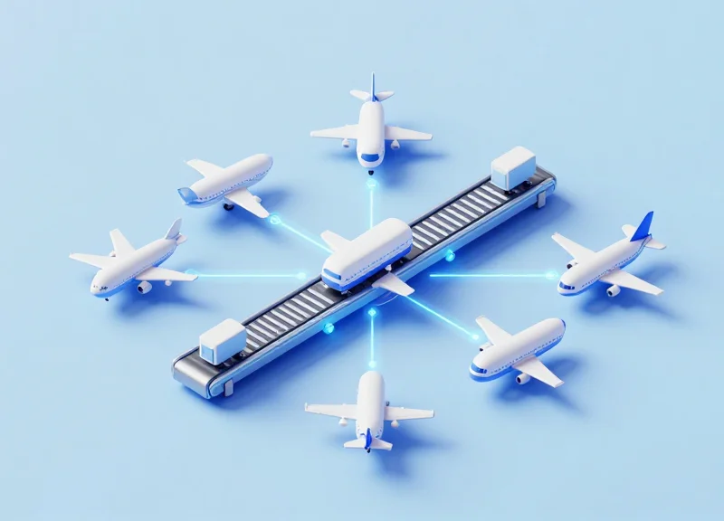 Isometric 3D model of a smart airport terminal showing connected tracking modules and logistics flow.
