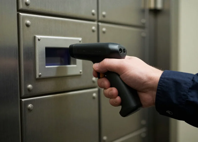 A security professional in a bank vault scanning a reinforced cash box with a handheld RFID reader.