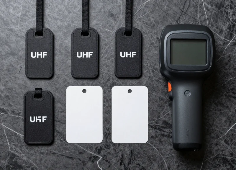 An organized arrangement of various banking RFID tags, stickers, and a portable reader on a clean surface.