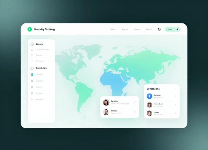 A modern security tracking dashboard interface with glassmorphism and map elements.