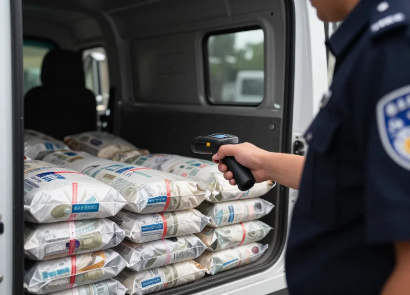 Security professional scanning bank note bags with an RFID reader inside a secure transport vehicle.