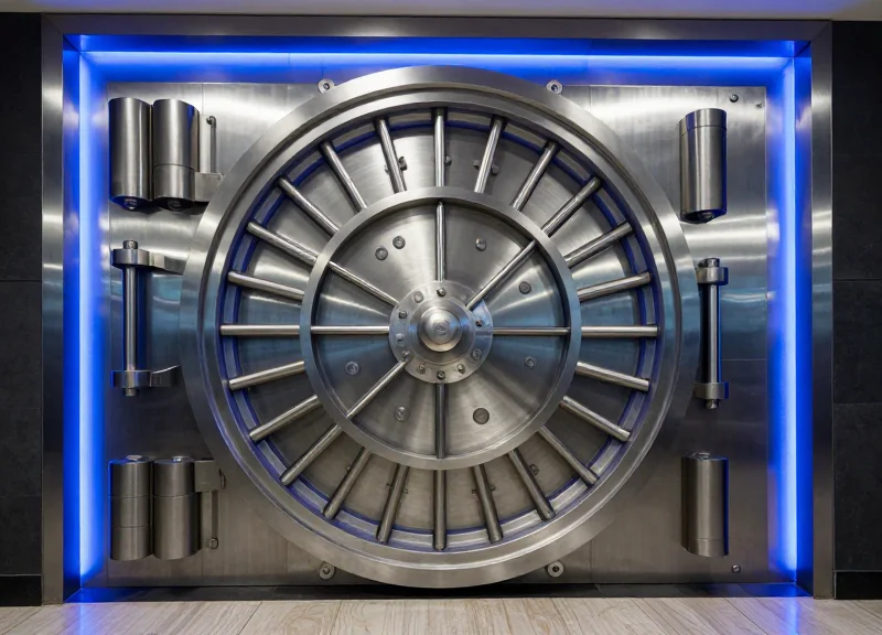 A modern bank vault door made of thick brushed steel with glowing blue security lights in a cinematic setting.