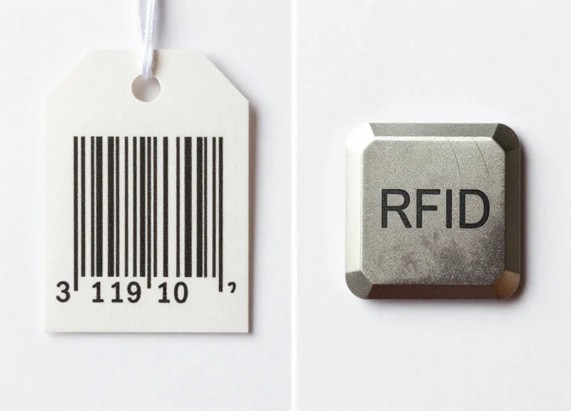 Side-by-side comparison between a traditional paper barcode tag and a high-tech circular RFID sensor on a dark surface.