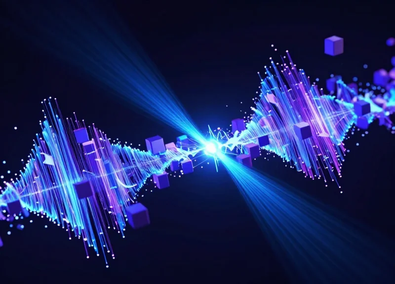 Abstract visualization of glowing radio waves passing through solid boxes to represent RFID non-line-of-sight capabilities.