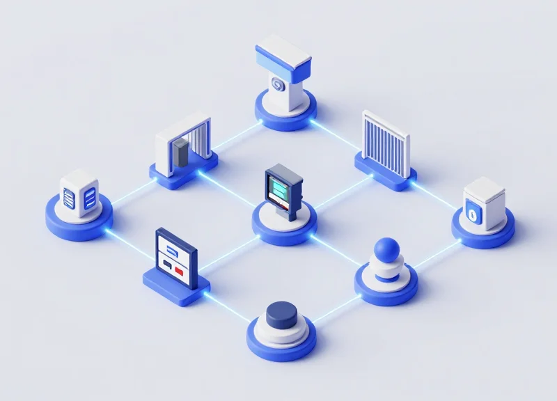 Isometric 3D view of an integrated museum security network linking RFID tags to exit gates.