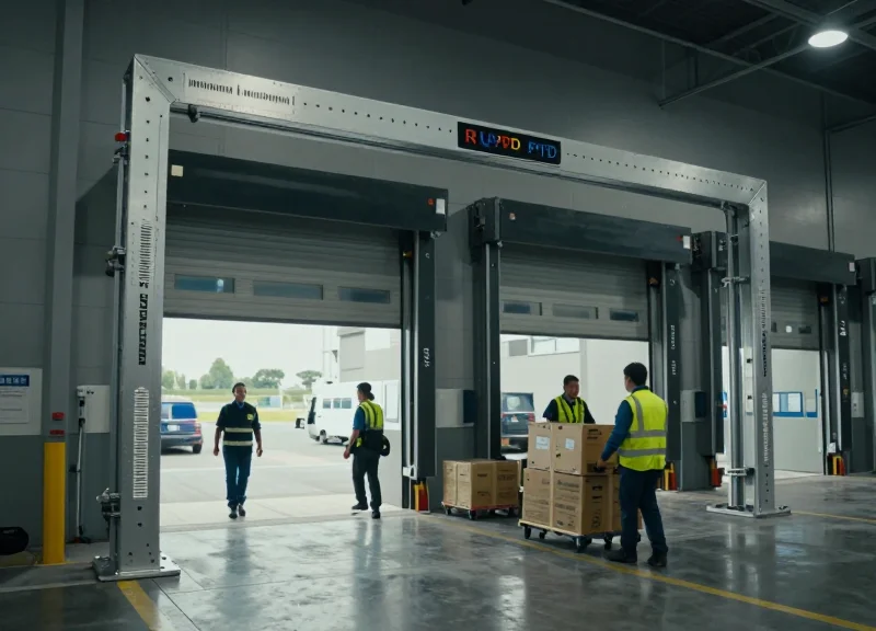 A large industrial RFID gate at a loading dock gate in an exhibition center.