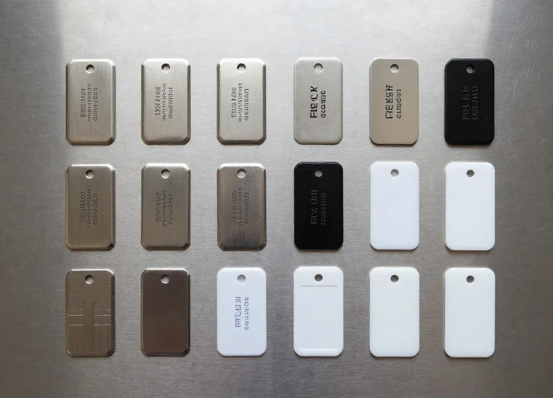 Organized top-down view of various RFID tags including on-metal tags and durable plastic tags.