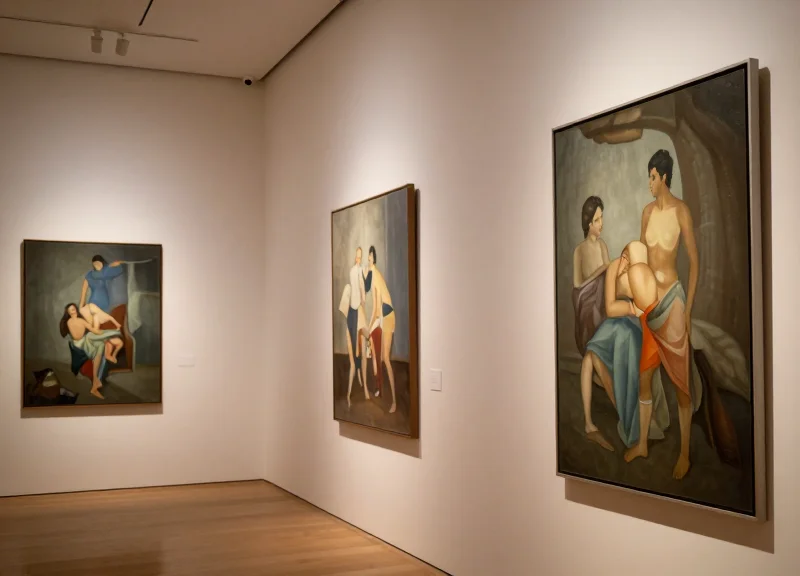 A modern, high-end art gallery with elegant lighting and subtle security sensors integrated into the walls.