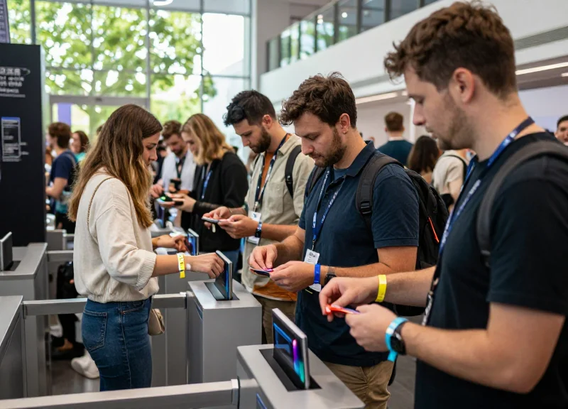 People entering an event venue using RFID wristbands for fast access control
