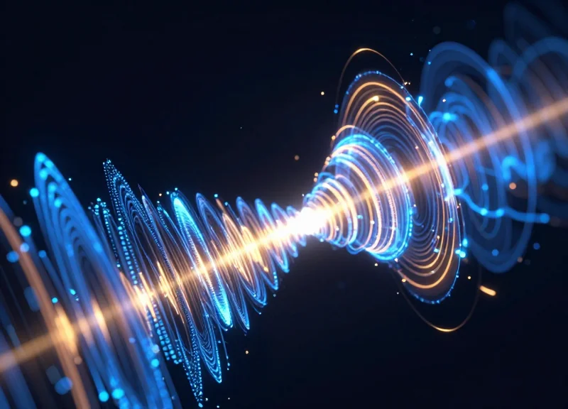 Abstract visualization of radio frequency waves interacting with a curved metallic surface.