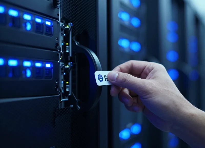Flexible RFID tags applied to server hardware in a data center.