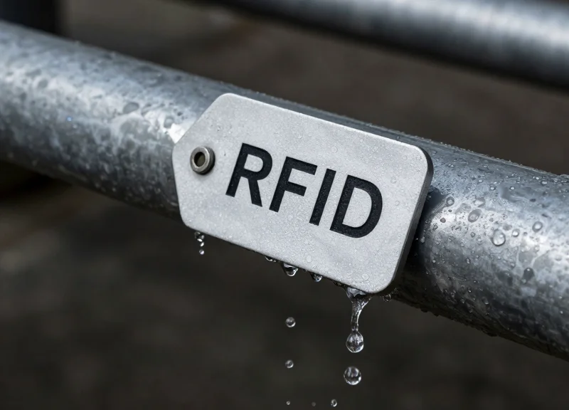 RFID tag mounted on industrial pipe being tested for water resistance.