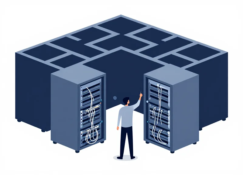 Flat vector illustration of a person overwhelmed by a chaotic network of server connections and shadows, representing IT asset visibility challenges.