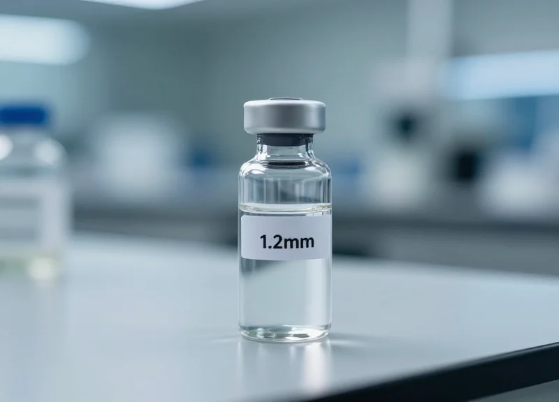 A small pharmaceutical vial in a medical lab setting with a thin flexible RFID tag applied to its curved surface.