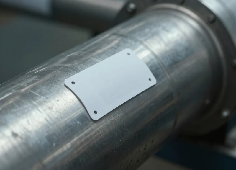 Flexible RFID tag applied to a curved metal industrial pipe