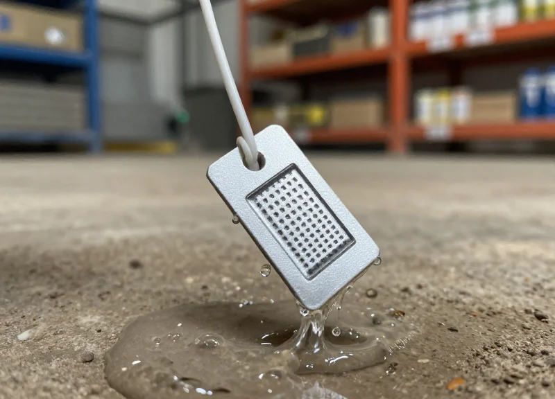 Industrial RFID tag in a harsh warehouse environment with water splashes