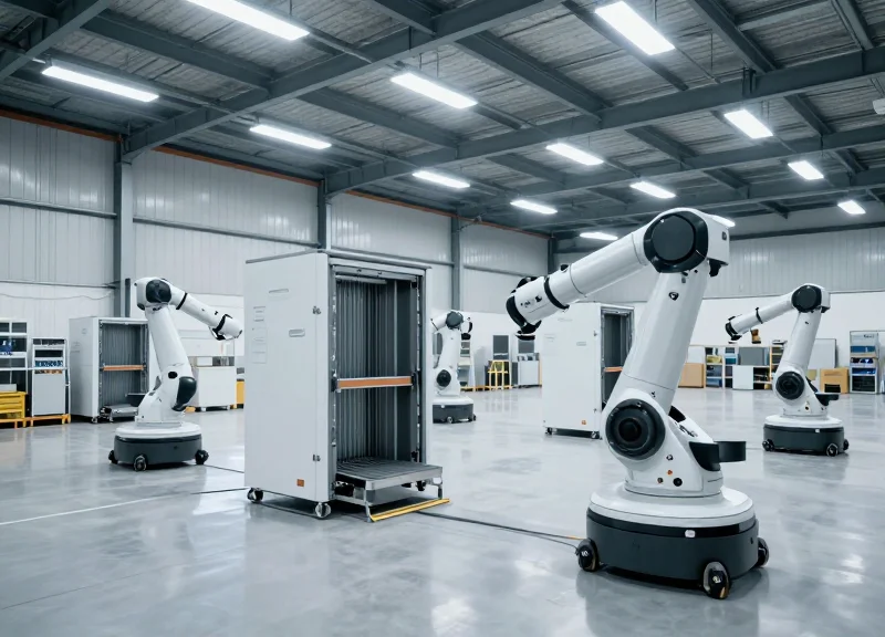 Wide shot of a highly automated smart warehouse with robotic logistics