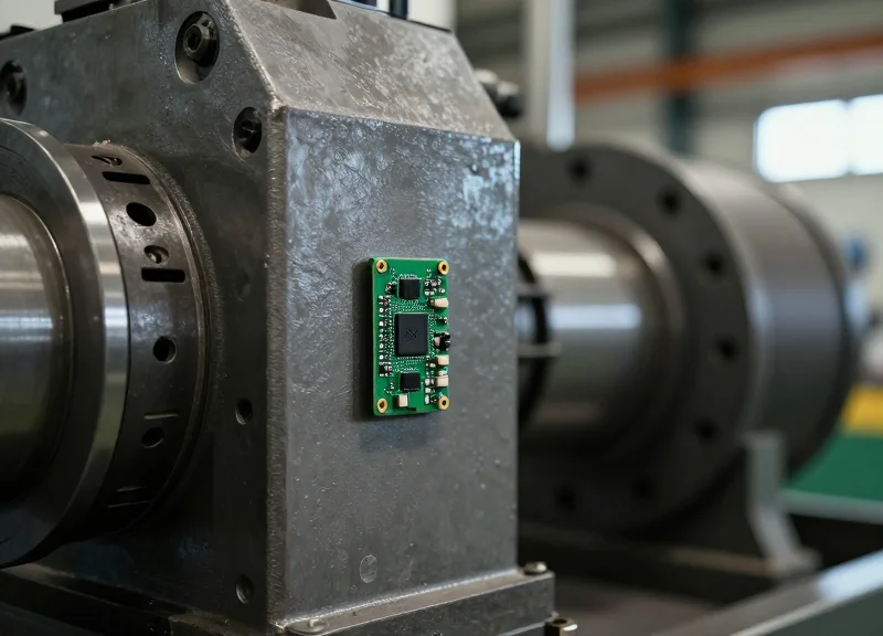 Close-up of a rugged RFID tag attached to a large piece of industrial heavy machinery in a modern 2026 factory setting.