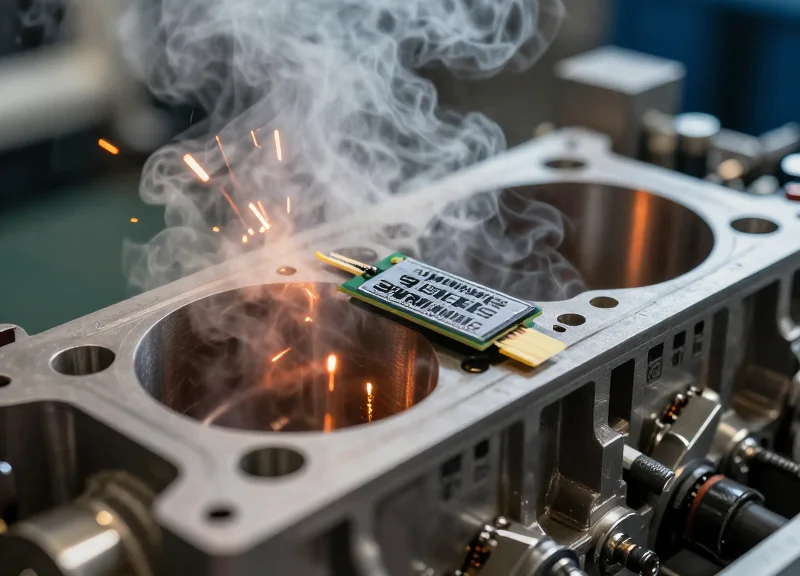 A rugged RFID tag being subjected to extreme industrial conditions like high heat and vibration on a machine part.