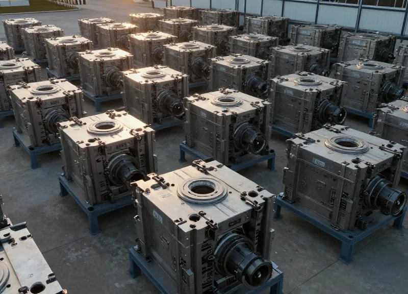 Large outdoor industrial yard with neatly organized heavy metal molds under soft sunlight.