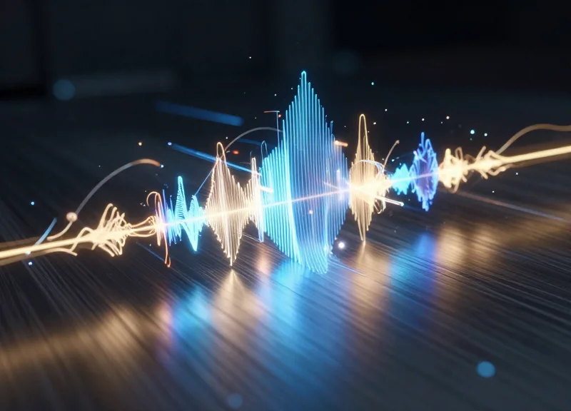Abstract visualization of glowing radio waves bouncing off a metallic surface representing signal interference.