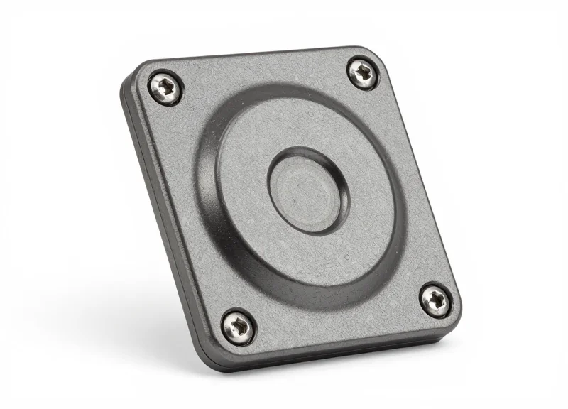 A rugged, industrial-grade metal-mount RFID tag isolated on a white background.