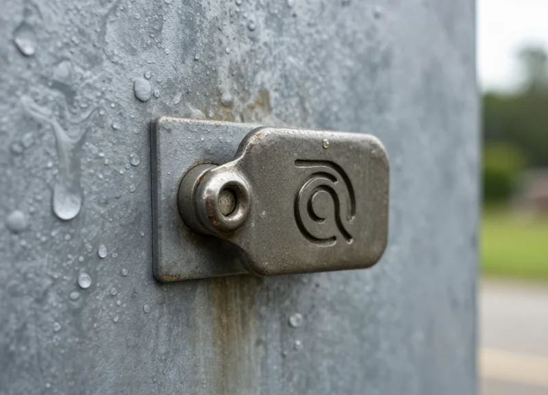 Close-up of a rugged RFID tag mounted on a steel mold in a wet, outdoor industrial environment.