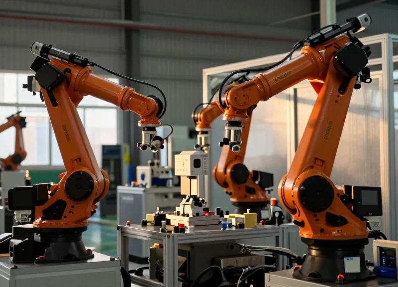 Modern industrial IoT environment with robotic arms and glowing data connections in a smart factory.