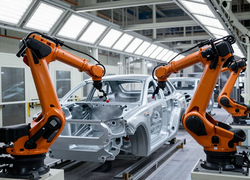 Robotic arms in an automotive paint shop spraying a car chassis with an RFID tag attached.