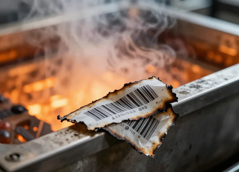 A close-up view of a charred and peeling identification label on a metal tray subjected to extreme heat.