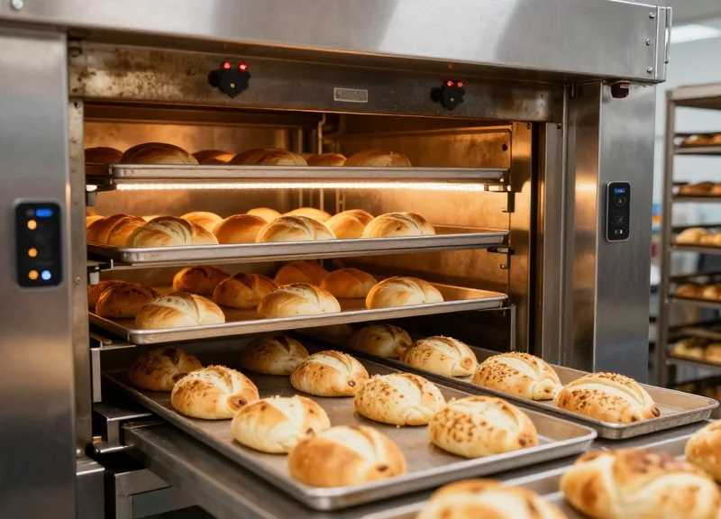 An automated industrial baking line where loaves move through an oven equipped with RFID monitoring technology.