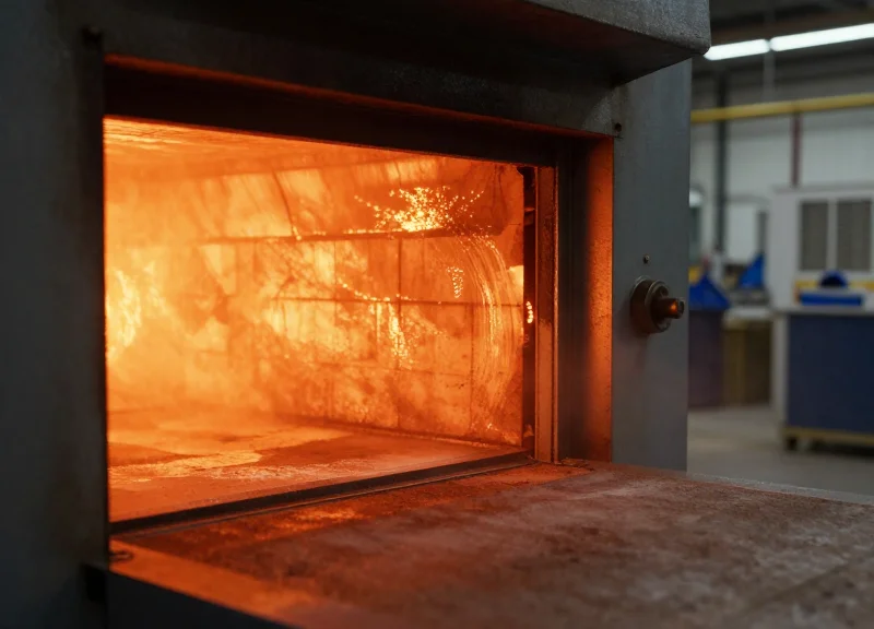 Close-up view of an industrial high-temperature paint curing oven with glowing orange heat elements and shimmering air.
