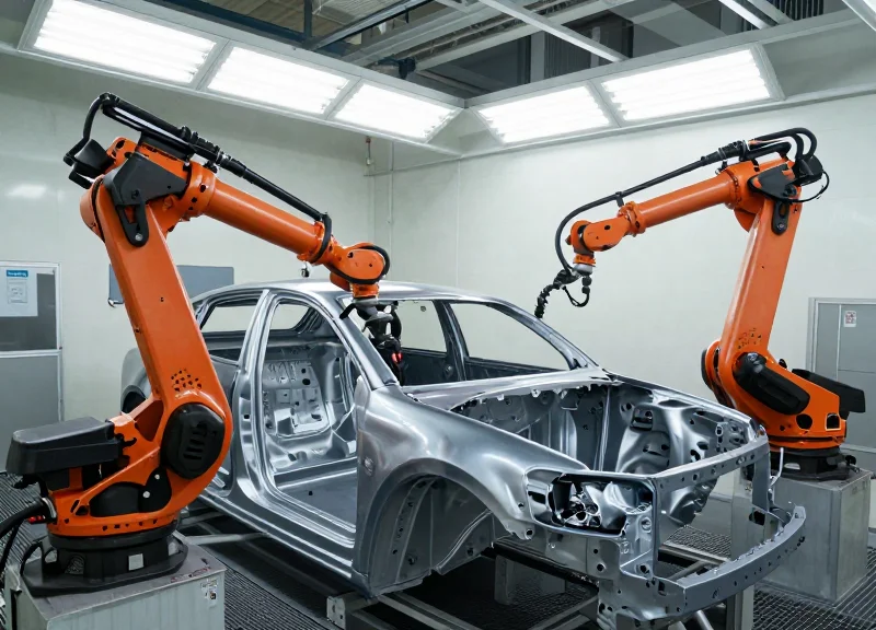 Modern automotive paint shop with robotic arms painting a car chassis in a high-tech facility.