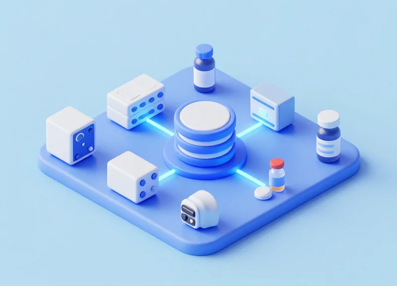 Isometric 3D model of laboratory samples connecting to a cloud-based information system.