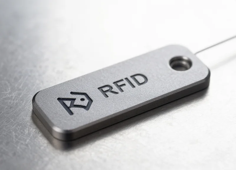 A close-up view of a specialized cryogenic RFID tag designed for ultra-low temperatures, showing its durable material and sleek design on a clean metallic surface.