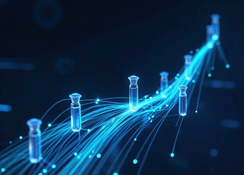 Futuristic conceptual visualization of digital data streams connecting frozen medical samples in a global network.